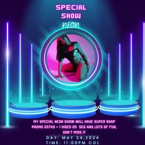 special neon show May 24, 2024, 11pm col
https://www.camsoda... by aly-texas