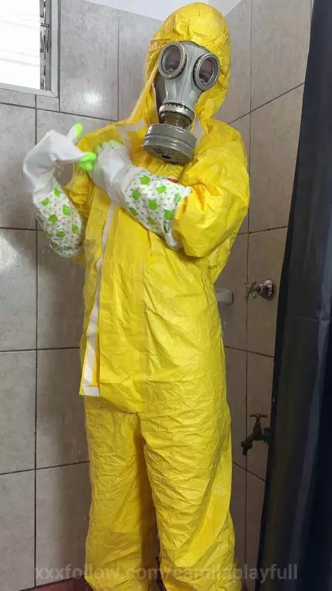 shower in hazmat suit and gas mask by camilaplayfull