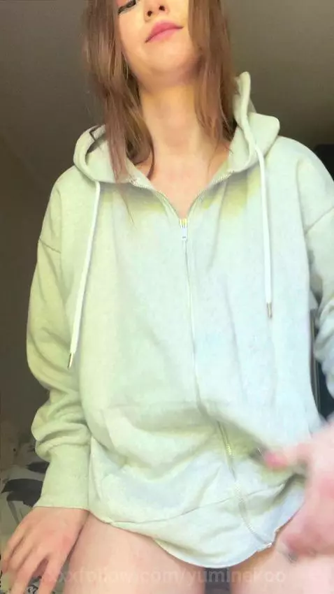 18+ Teasing hoodie strip reveals perky tits & nude curves. by yuminekoo